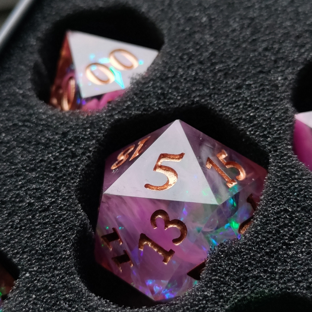 NEW Pink and Green Dice Set with Gold Numbers W/Case